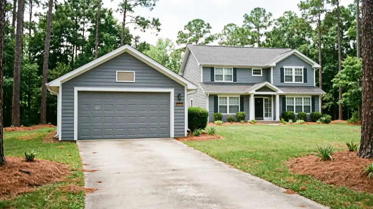 A gray house with a gray garage door and a concrete driveway.