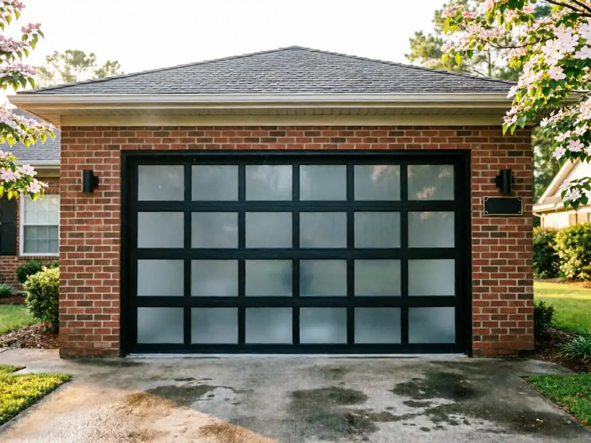 A black garage door with frosted glass panels on a red brick house.