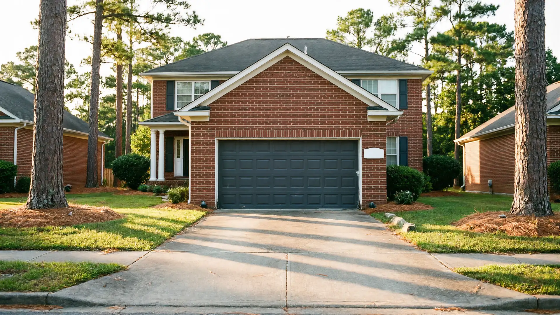 A two-story brick house has a dark gray garage door and a concrete driveway.