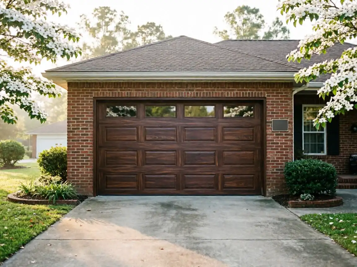 A brown paneled garage door with windows on a brick house.
